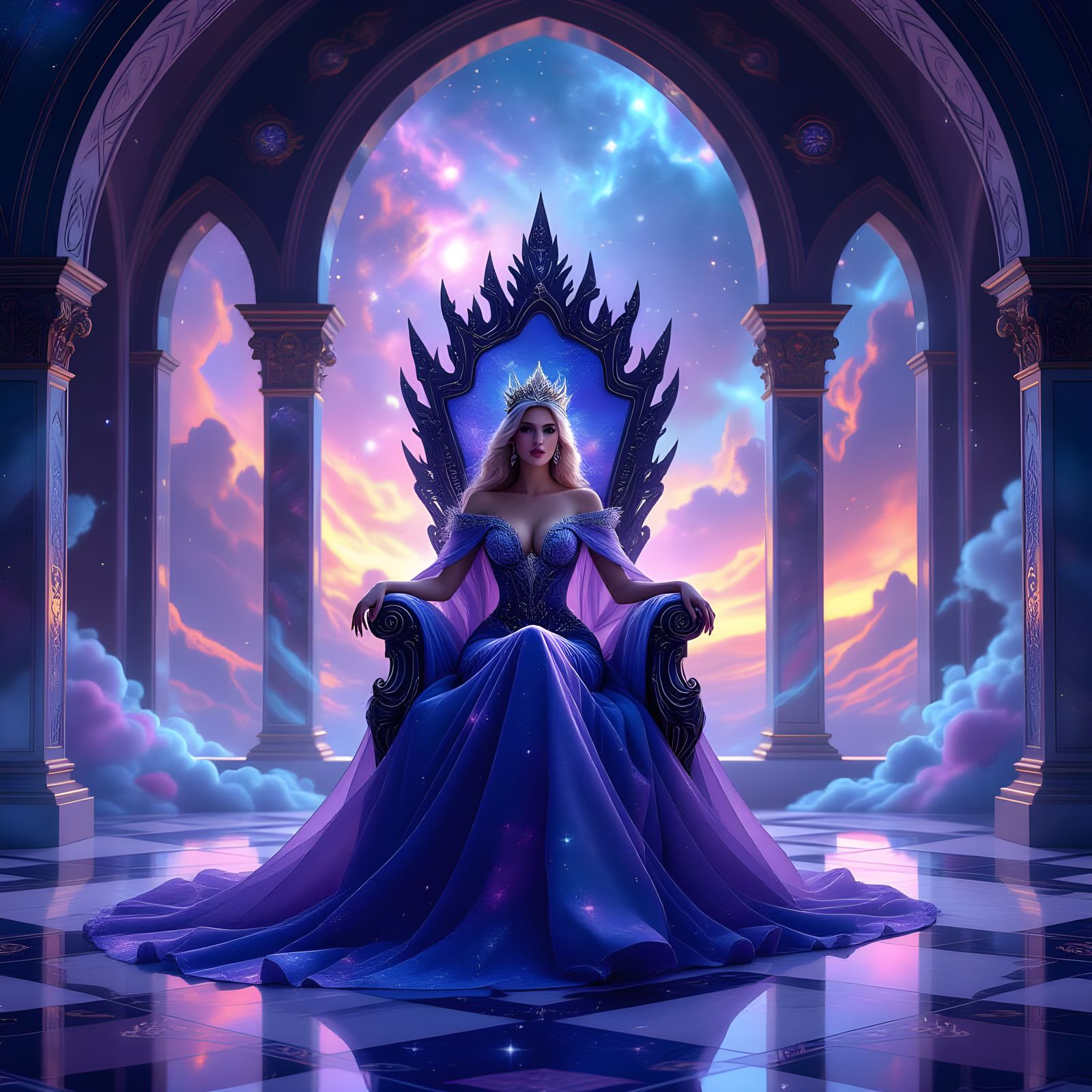 Queen of Stars on Amethyst Throne in Cosmic Palace