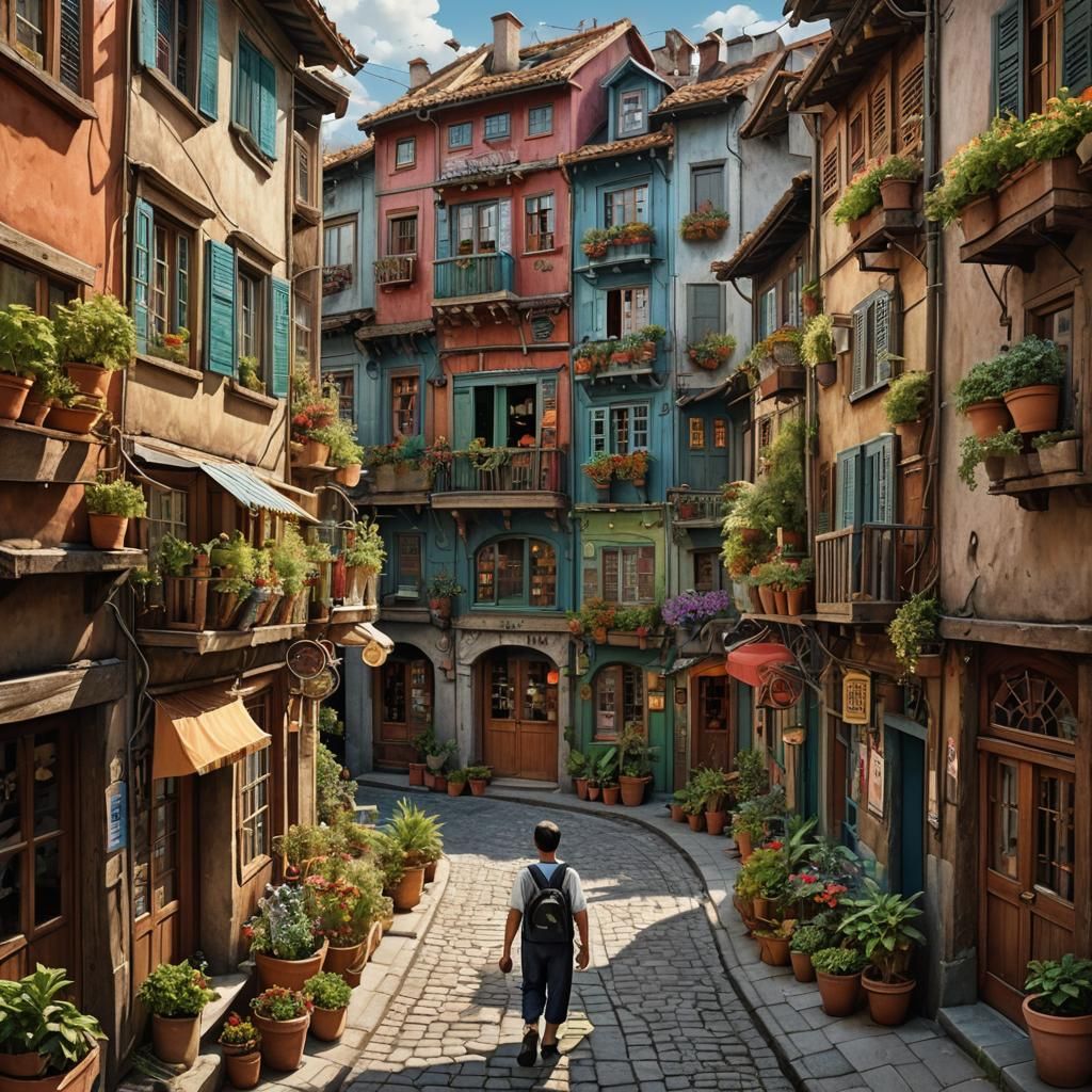 Charming Colorful Street Scene in Detailed Matte Painting