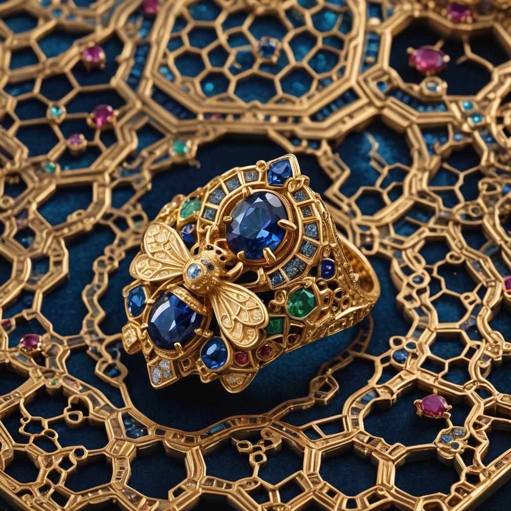 Ornate Gold Rings with Bees and Honeycomb