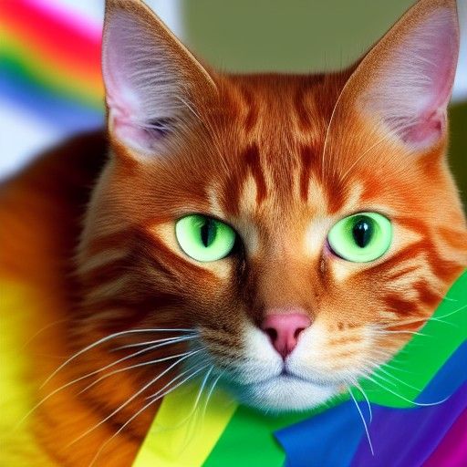 Orange Cat Stands Before Pride Flag