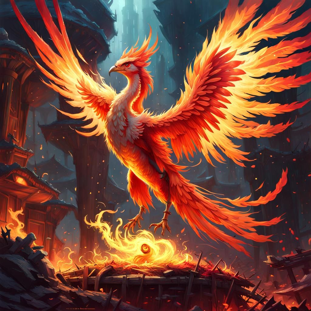 Fiery Phoenix Reborn: Hyperdetailed Mushroom Landscape