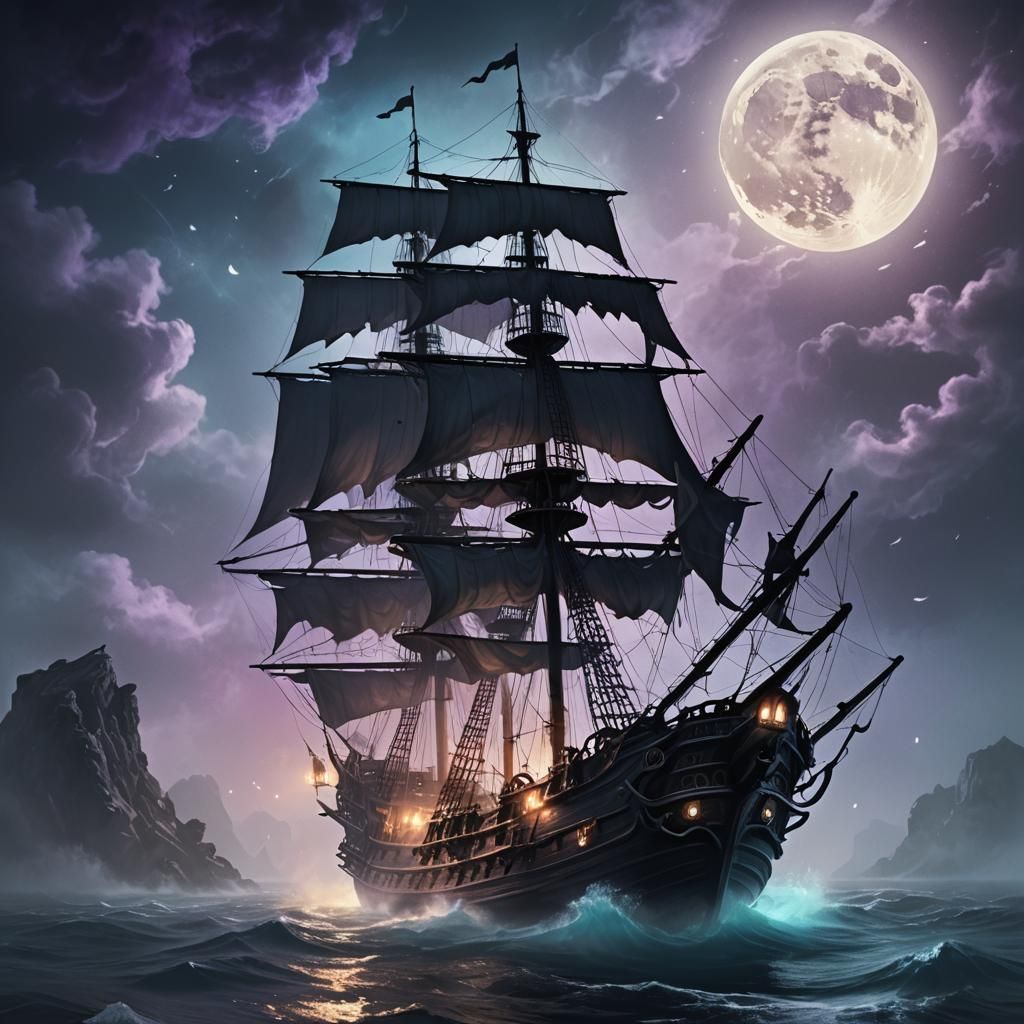 Ghostly Pirate Ship Sails a Misty Sea