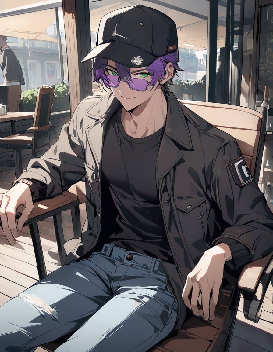 Modern Bishounen Boy Relaxing in a Winter Cafe