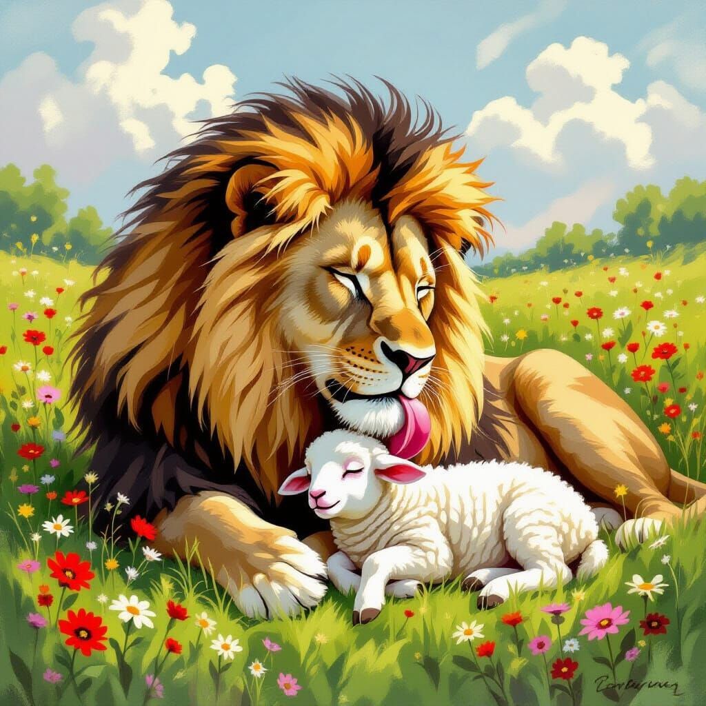 Lion and Lamb in a Wildflower Meadow