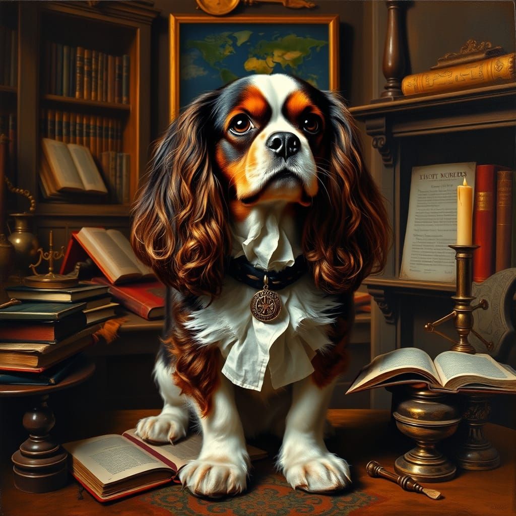 Renaissance Noble Cavalier King Charles Spaniel in Lavish St...