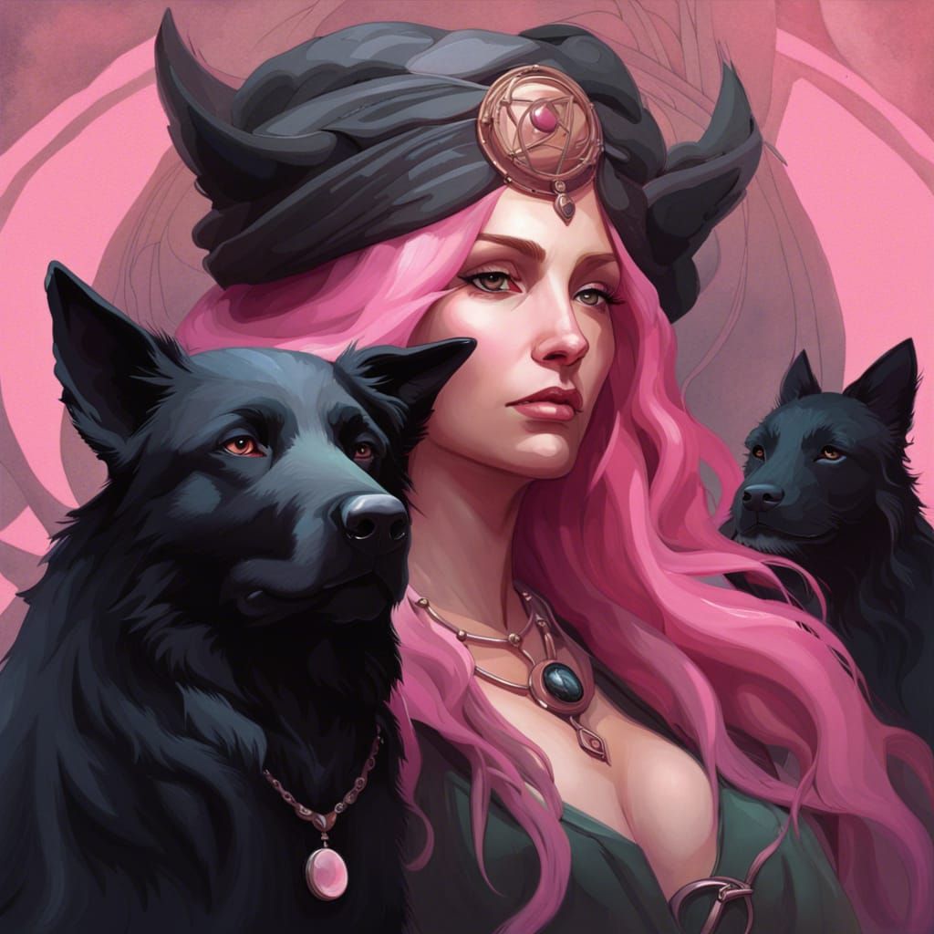 Goddess Hekate Portrait with Pink Hair and Black Dog