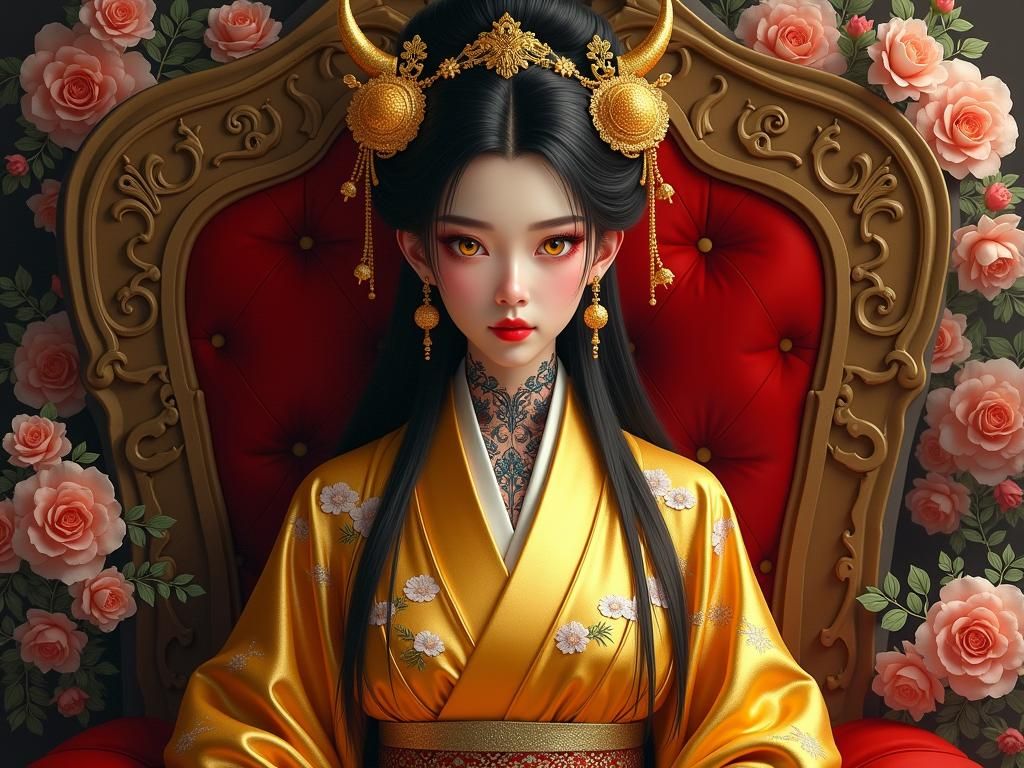Elegant Demon Queen on Throne in Oriental Fantasy Art