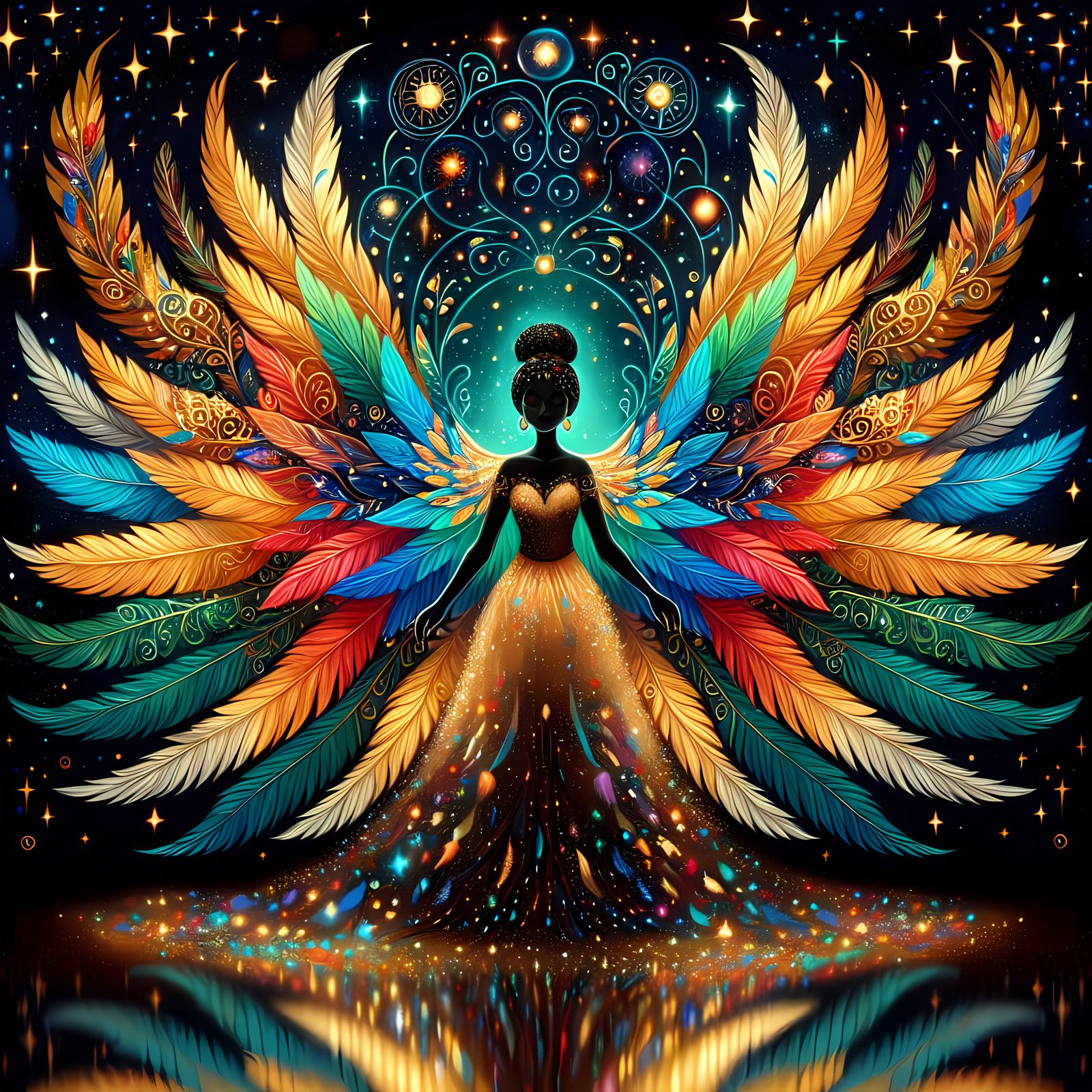 Ethereal Woman with Colorful Wings in Cosmic Skies