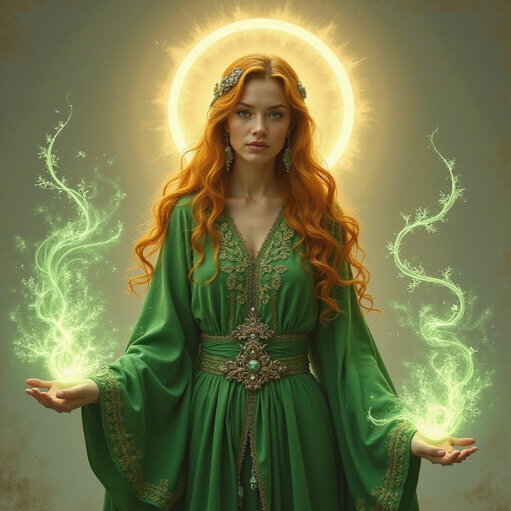 Regal Sorceress with Amber-Gold Hair and Emerald Magic