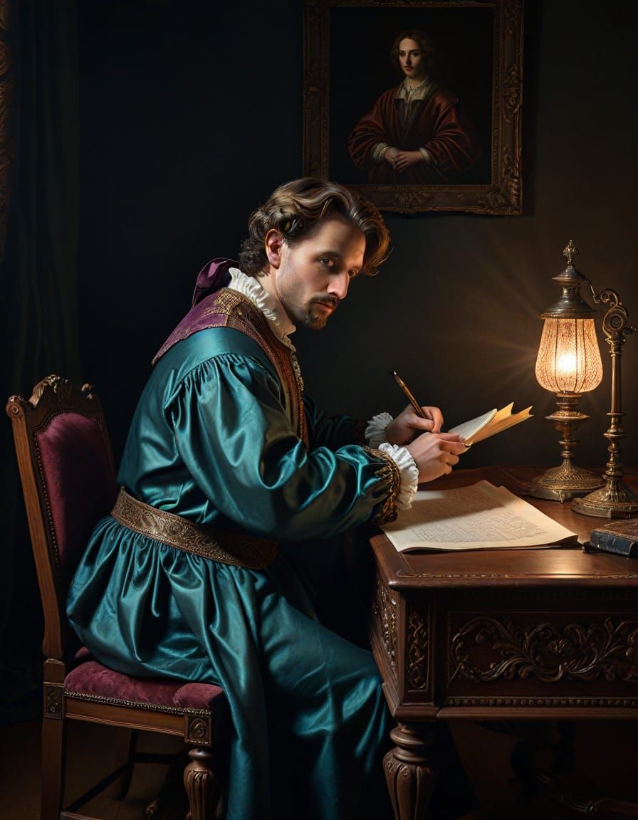 Renaissance Scholar Writing By Soft Light