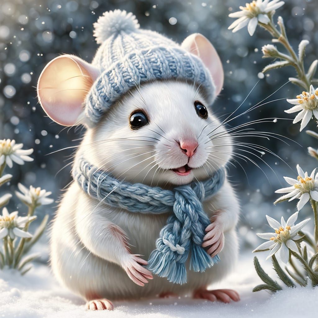 Cute Mouse in Winter Wonderland Oil Painting