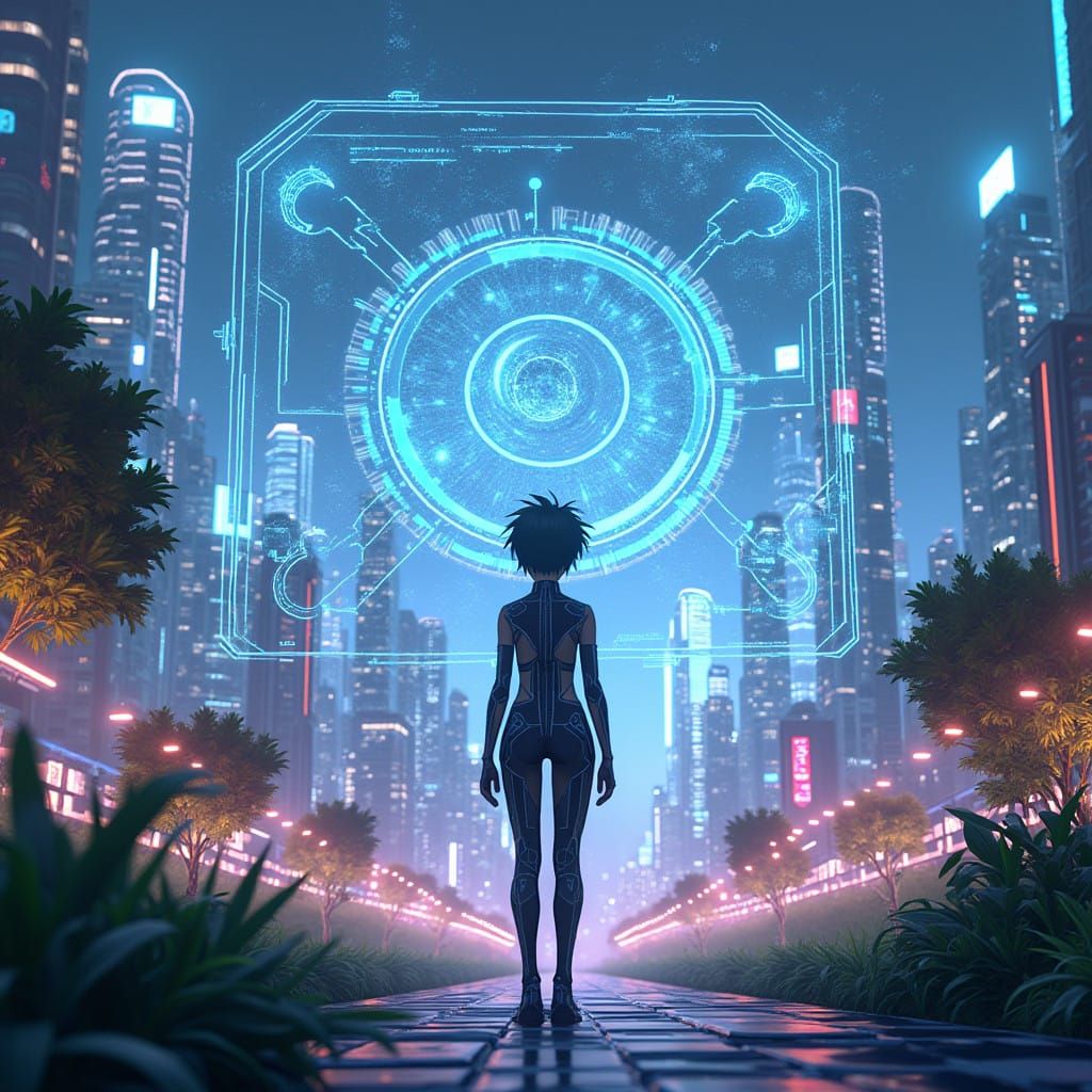 Futuristic Eco-Campus in Neon-Lit Cityscape by Cyberpunk Art...