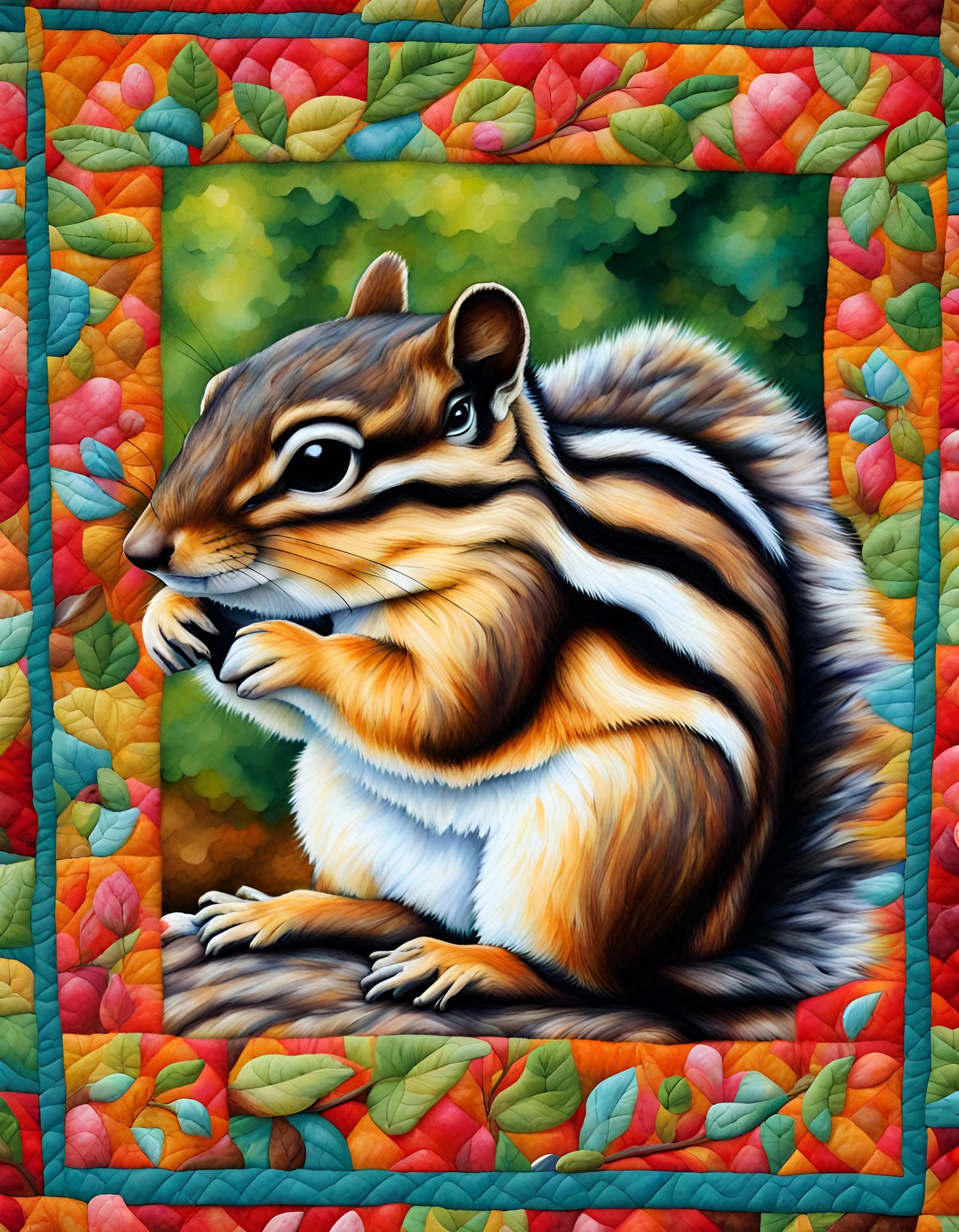 Chipmunk Depicted as Vivid Quilt Art