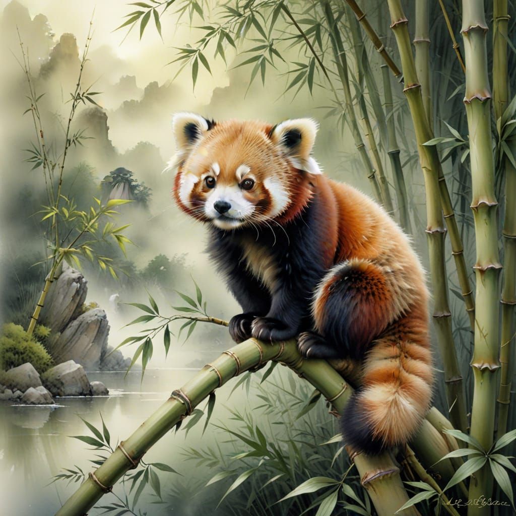 Red Panda in Bamboo Forest Watercolor Painting