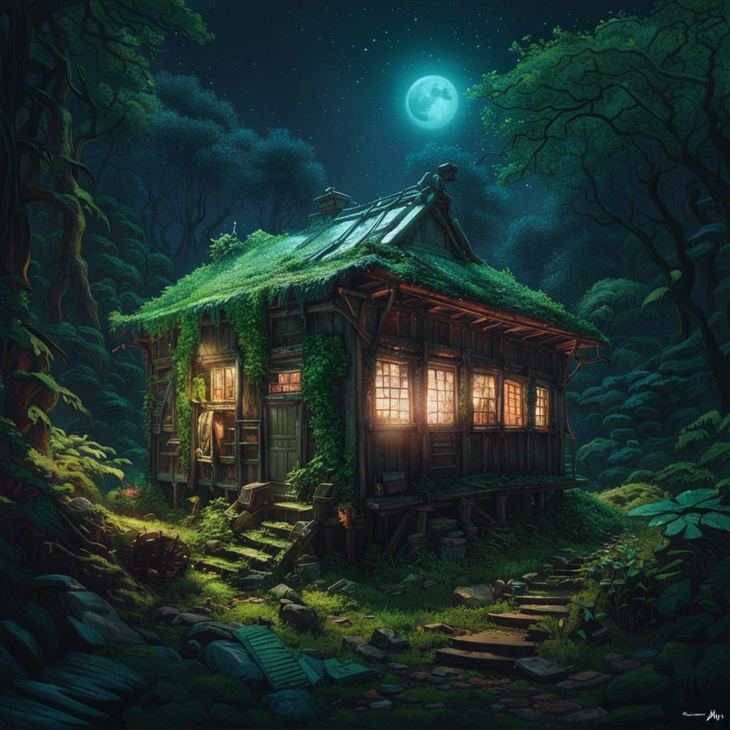 Cyberpunk Hut in Firefly Forest Under Cosmic Sky