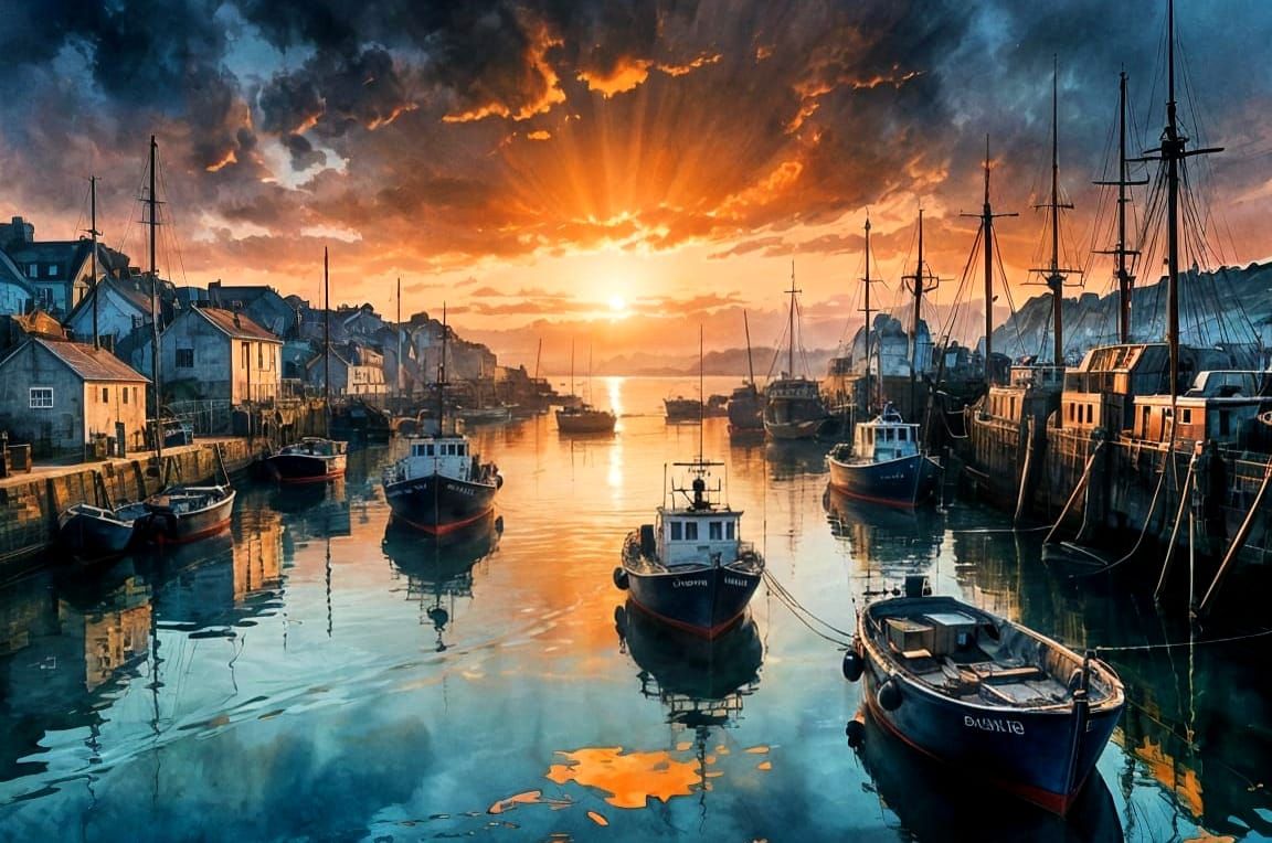 Dreamlike Cornish Harbour Sunset: Watercolour Painting