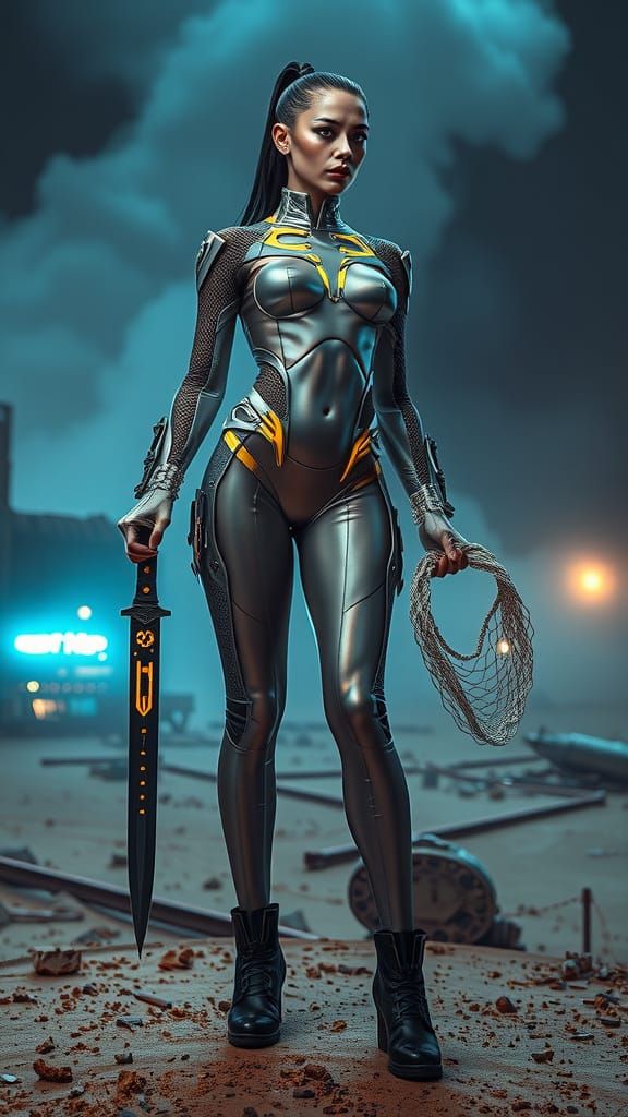 Futuristic Gladiator on Post-Apocalyptic Ruins