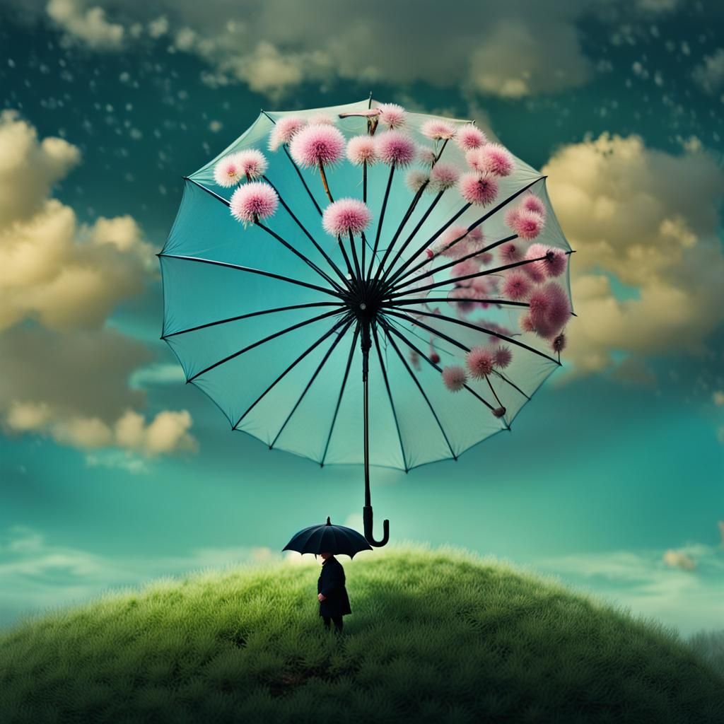 Surrealist Dandelion with Umbrella Blossom in Deep Color
