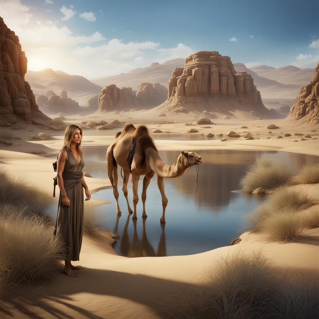 Jennifer Aniston and Camel in Desert Oasis
