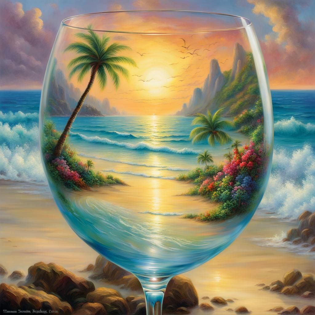 Tropical Beach in Wine Glass: Ethereal Fantasy