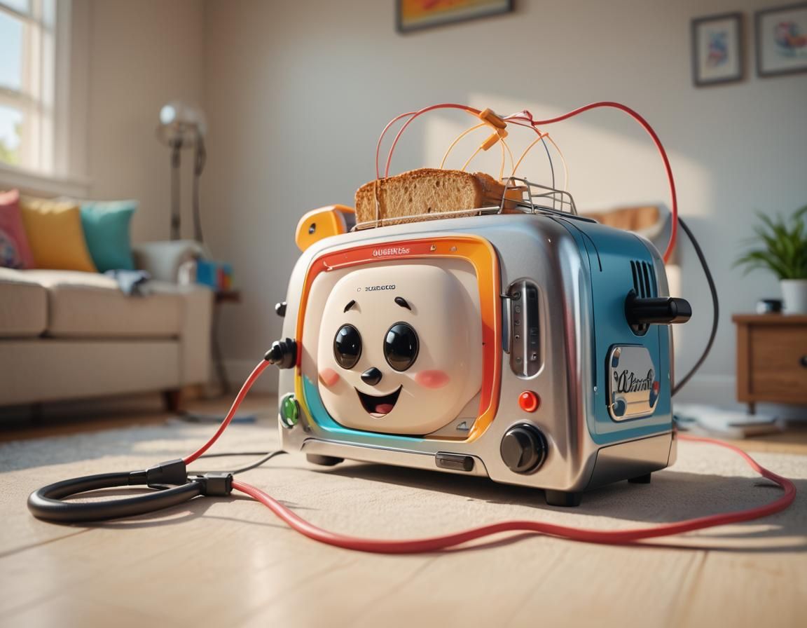 Excited Toaster's Vacuum Dream: A 3D Cartoon