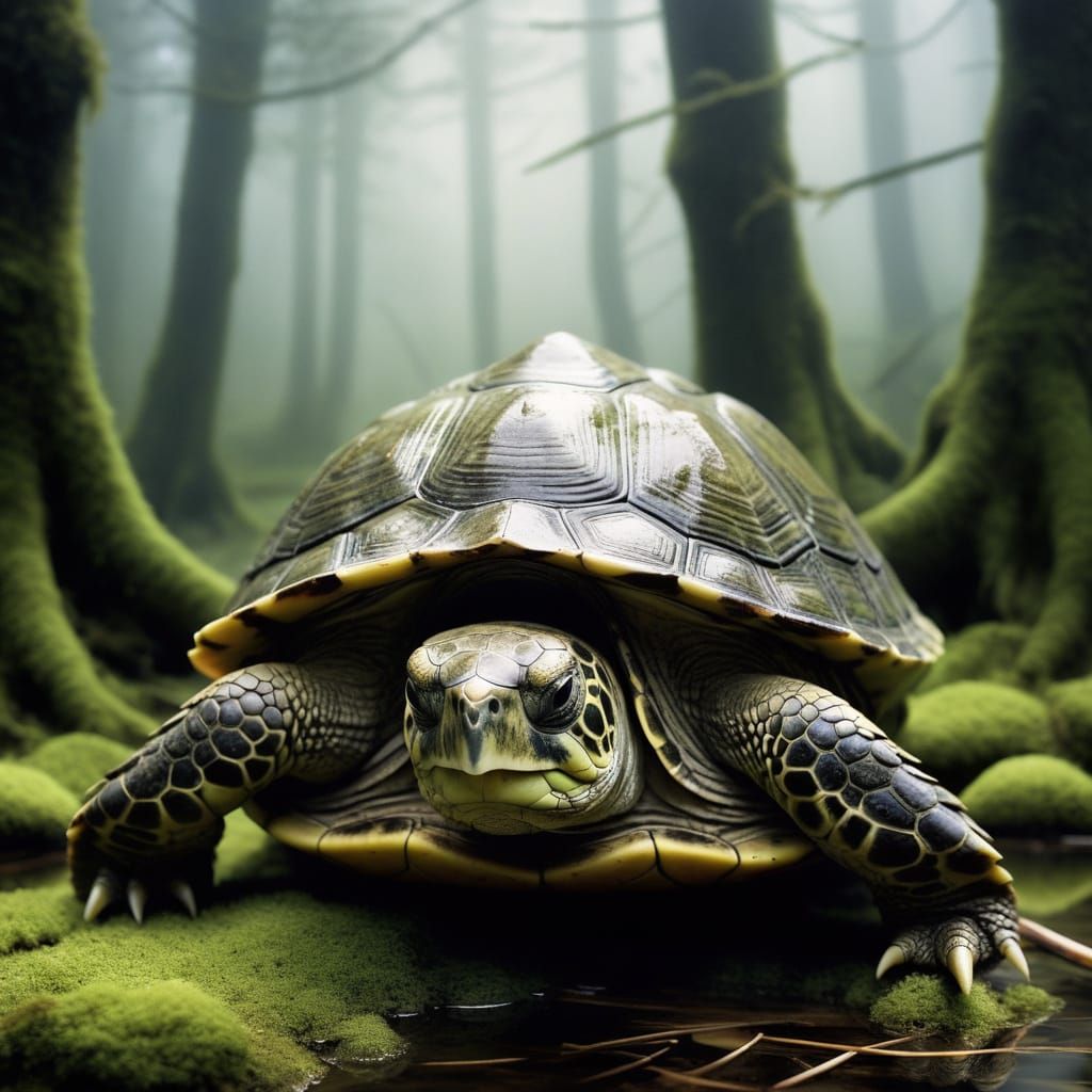 Ancient Turtle Mountain Awakens in Misty Swamp