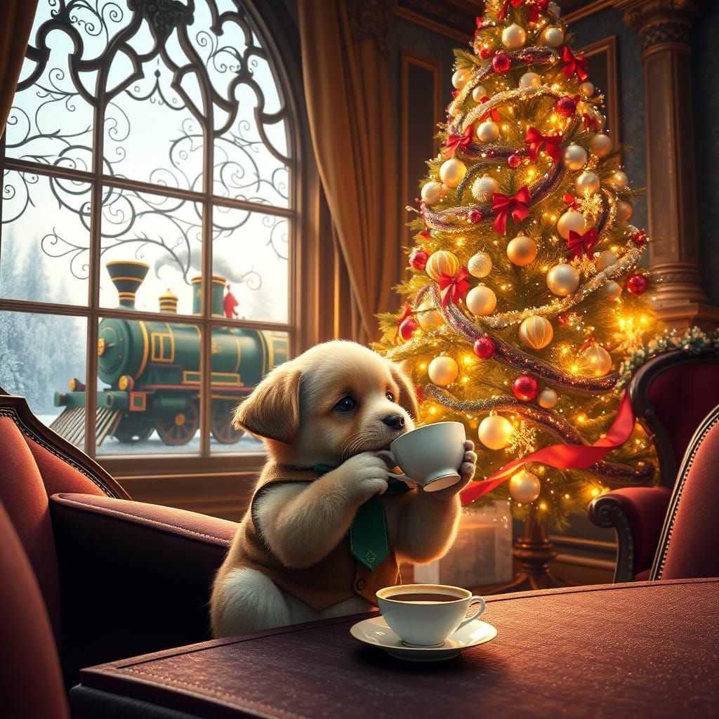 Whimsical Winter Wonderland with Puppy and Steam Train