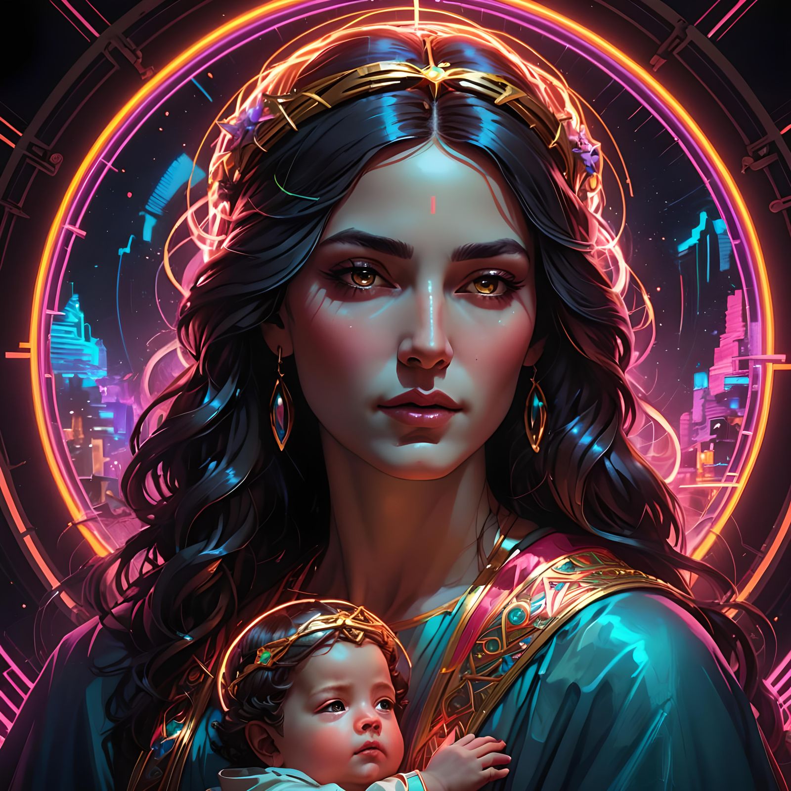 Mary and Jesus Portrait in Neon Retro Style
