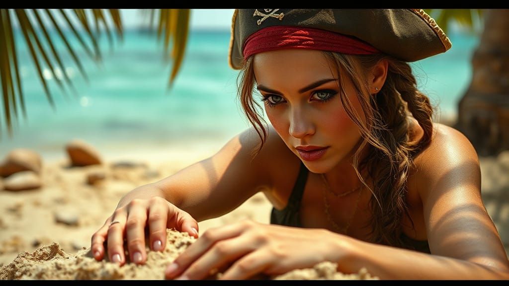 Pirate Pinup Girl Uncovers Treasure on Tropical Island
