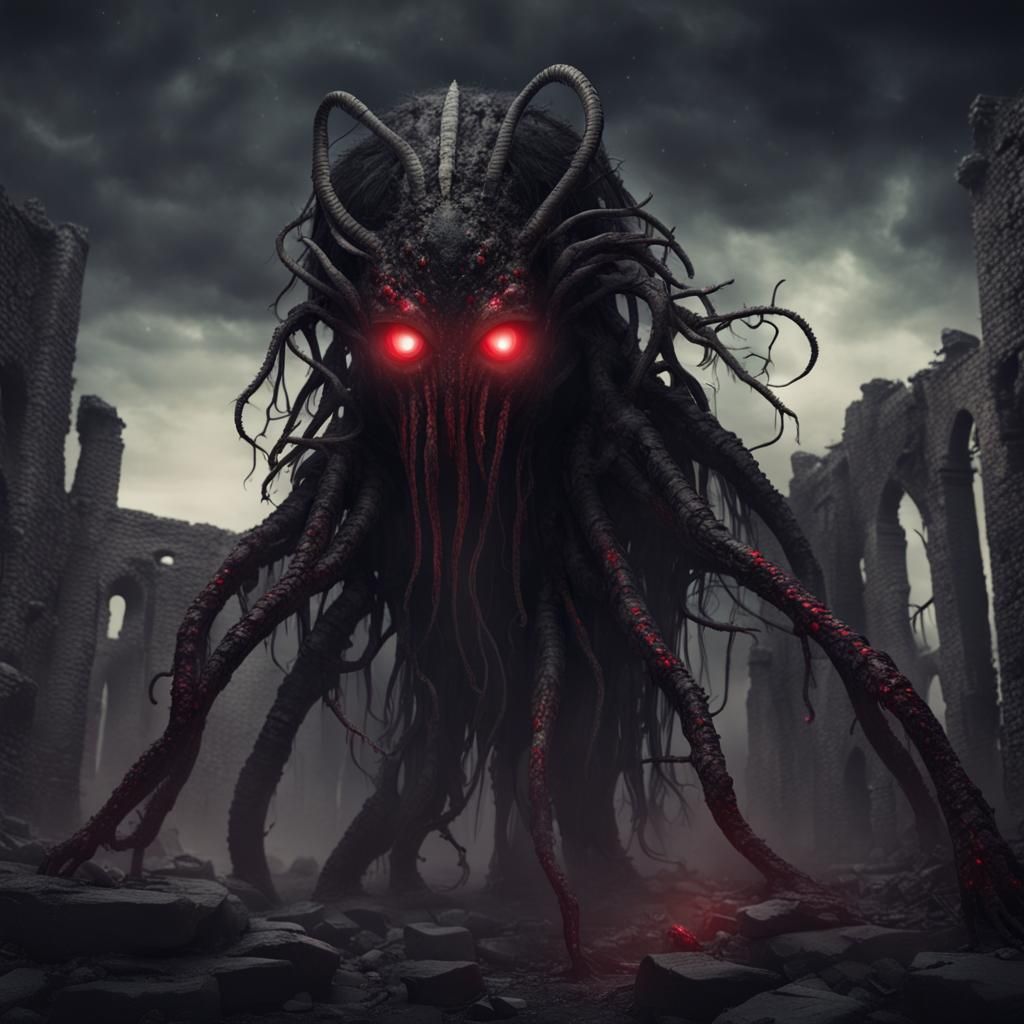 Mysterious Lovecraftian Creature in Ruins at Night