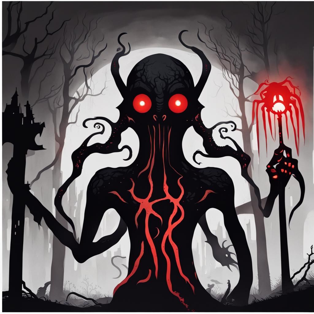 Mysterious Lovecraftian Creature in Ruins at Night