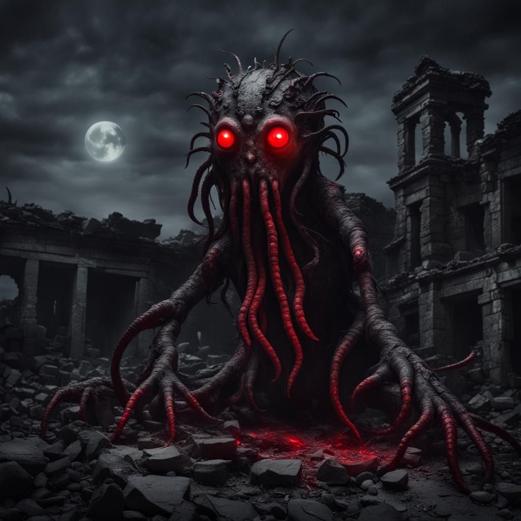 Mysterious Lovecraftian Creature in Ruins at Night