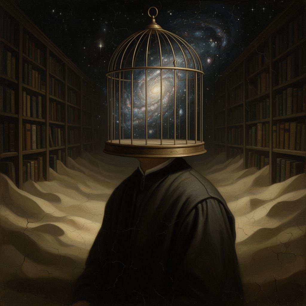 Surreal Scholar with Star-Filled Birdcage Head