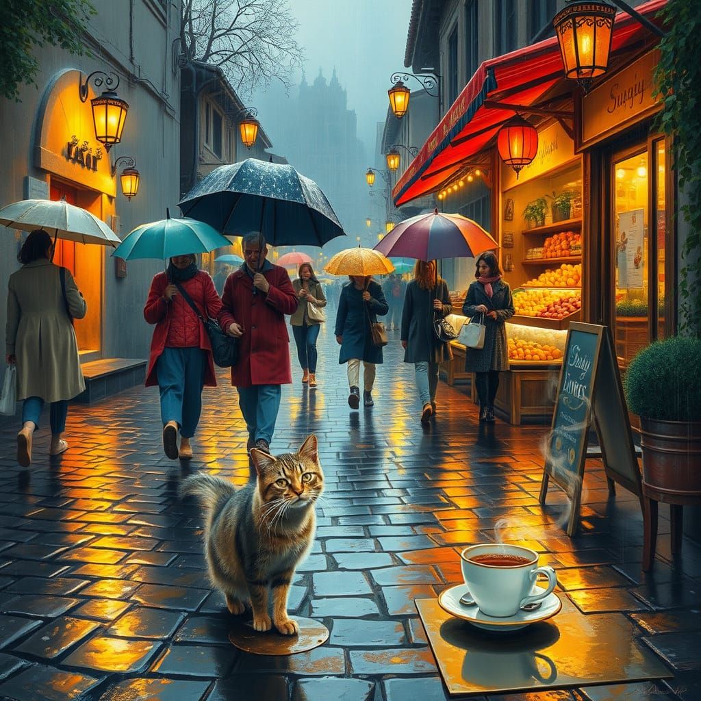 Dreamy Village Scene with Rainy Night Lights and Warm Golden...