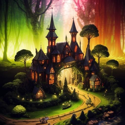 Enchanted Forest Urban Sketch with Fairy Village