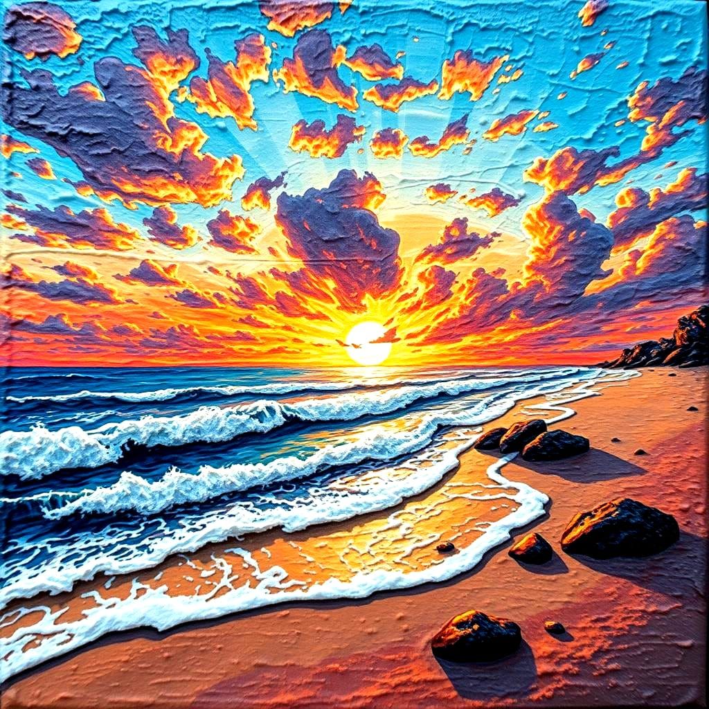 Beach Sunset in Impasto Style with Deep Colors