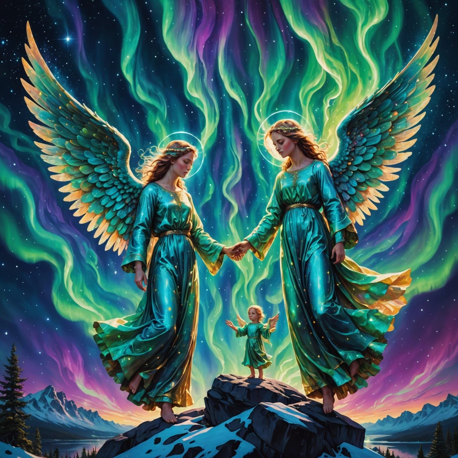 Angels Among Northern Lights: Cosmic Astral Illustration