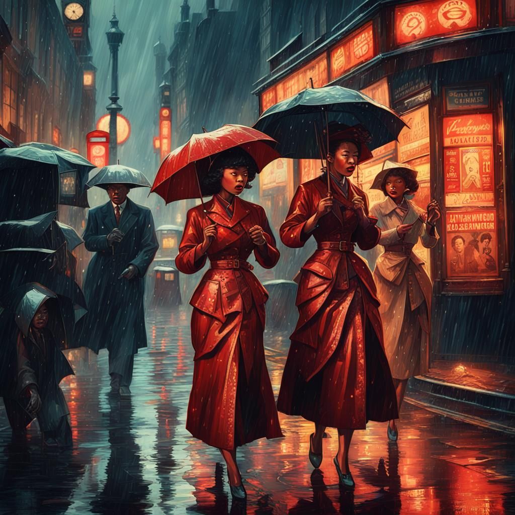 Steampunk Women in Rainy London: 1950s Japanese Poster