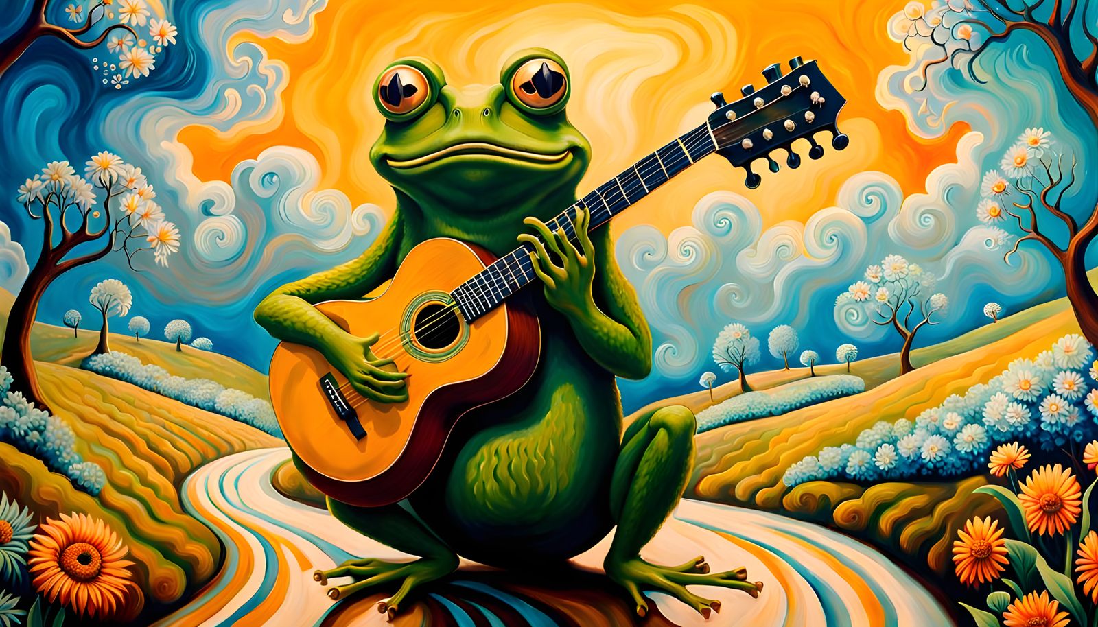 Surreal Hippie Frog's Trip to Woodstock as Oil Painting