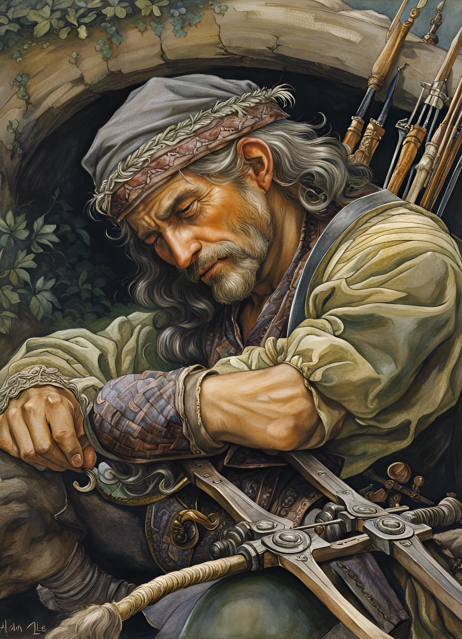 Tired Peasant Resting on Crossbow in Dark Fantasy Art