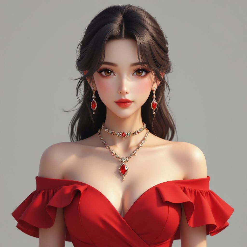 Hyperrealistic Woman in Red Ruffled Dress with Futuristic Je...