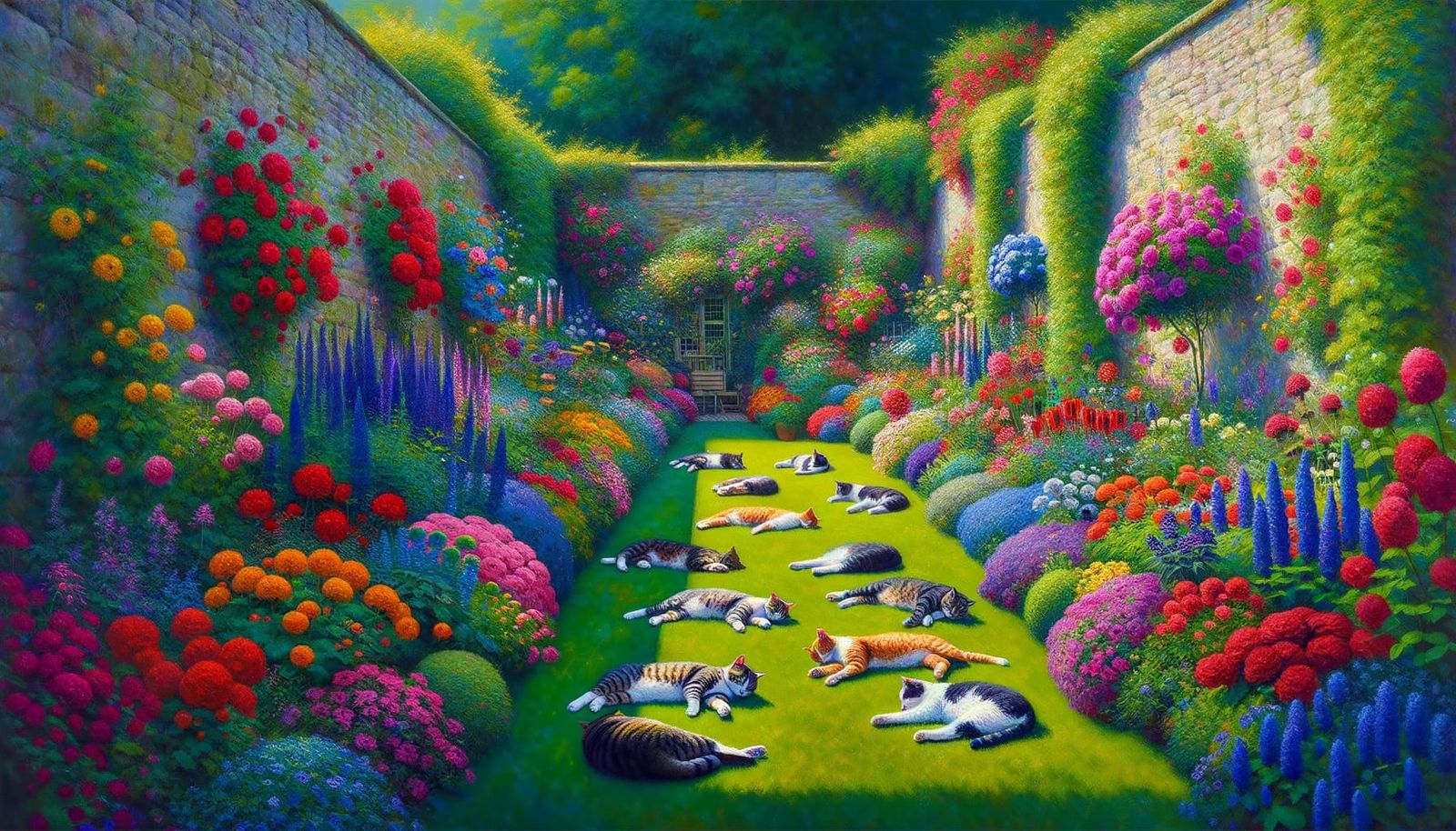 Vibrant Summer Garden Scene with Cats at Leisure