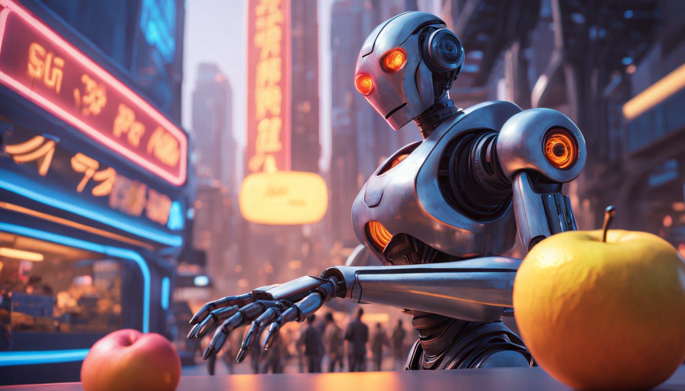 Robot Holding Glowing Fruit in Sci-Fi Marketplace