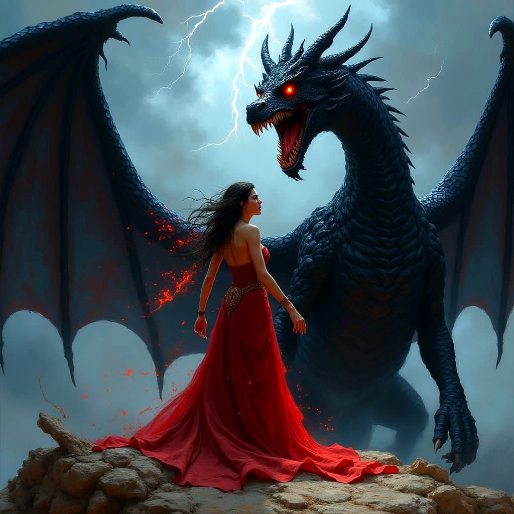 Witch and Black Dragon in Dark Fantasy Art
