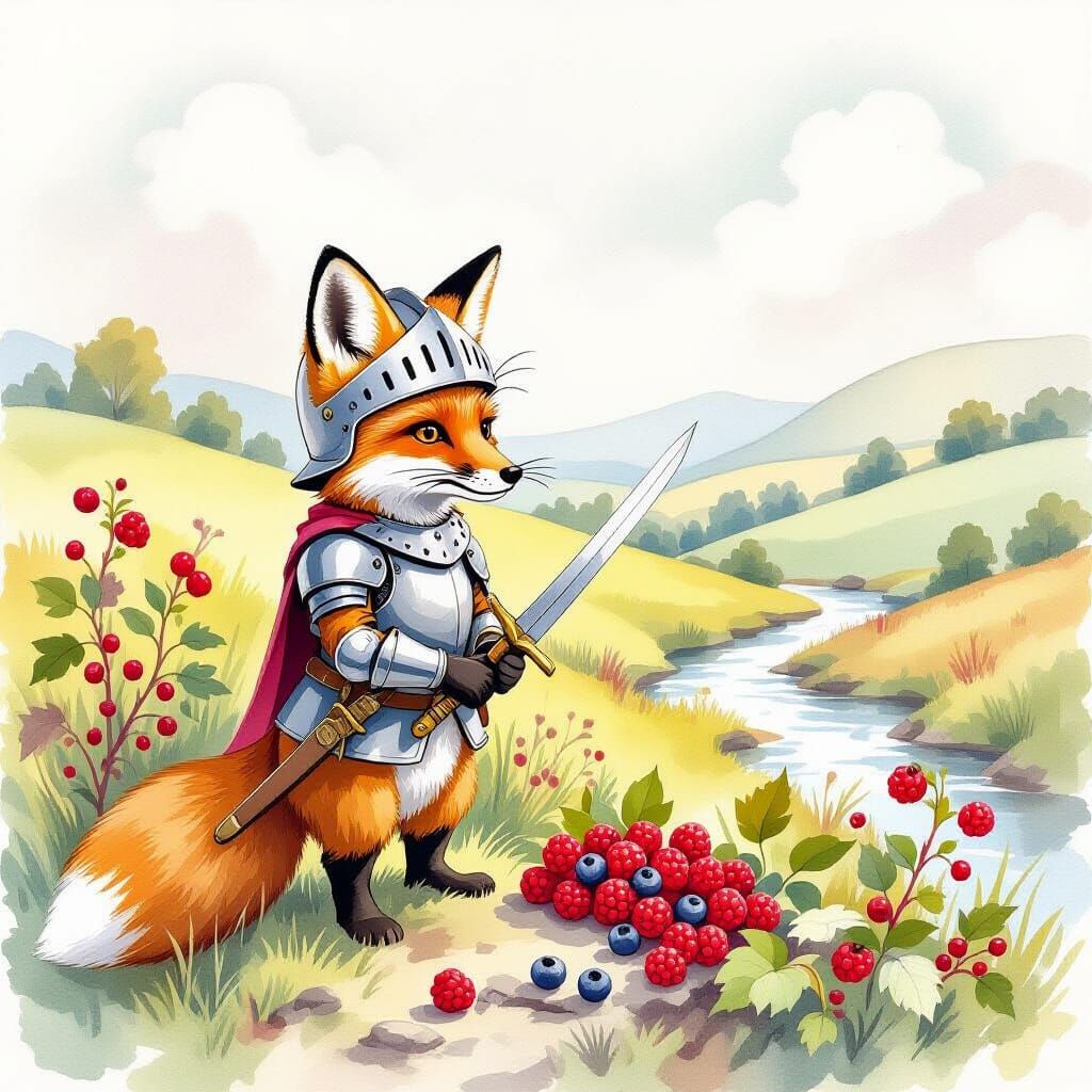 Fox Knight Guards Berries in Watercolor Style