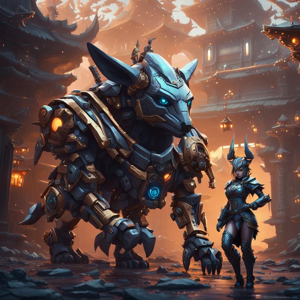 Cyber Knight and Witch Mech in Fantasy Art Style