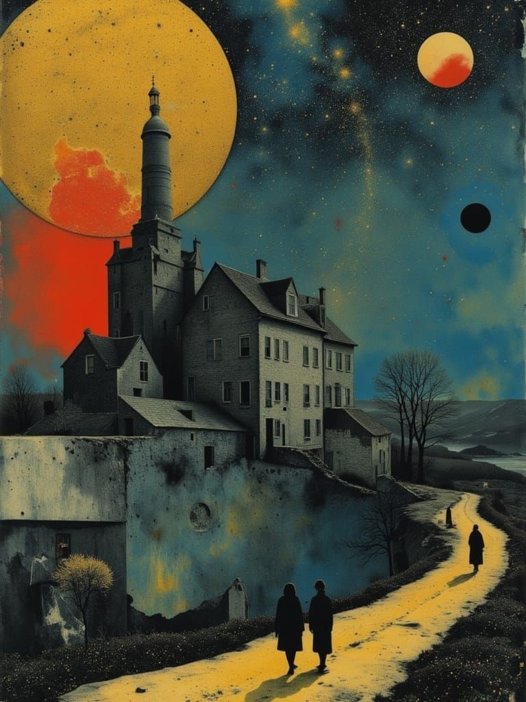 Surreal Golden Shimmer Scene with Winding Road