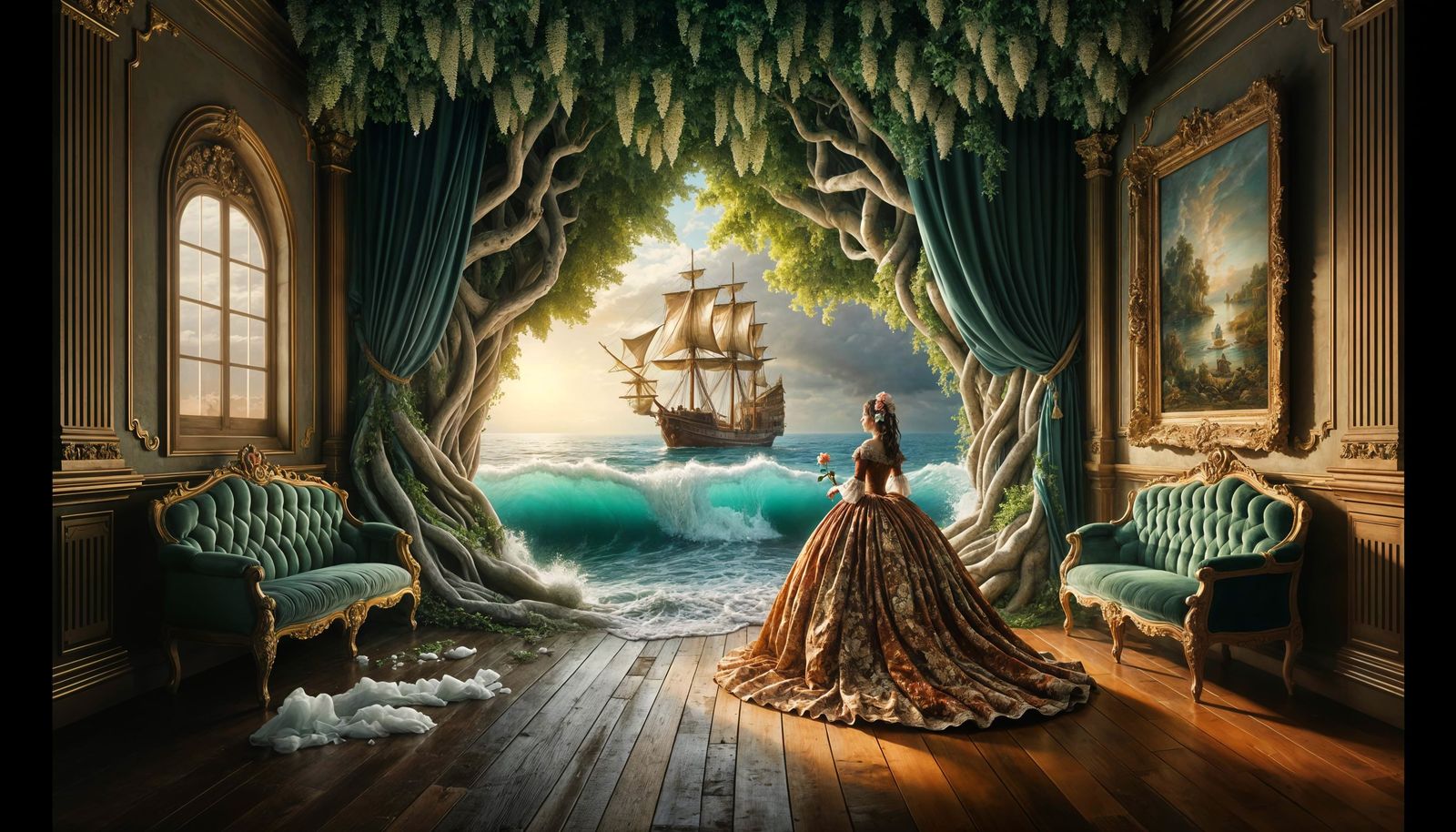 Princess and Seascape in Dreamlike Interior