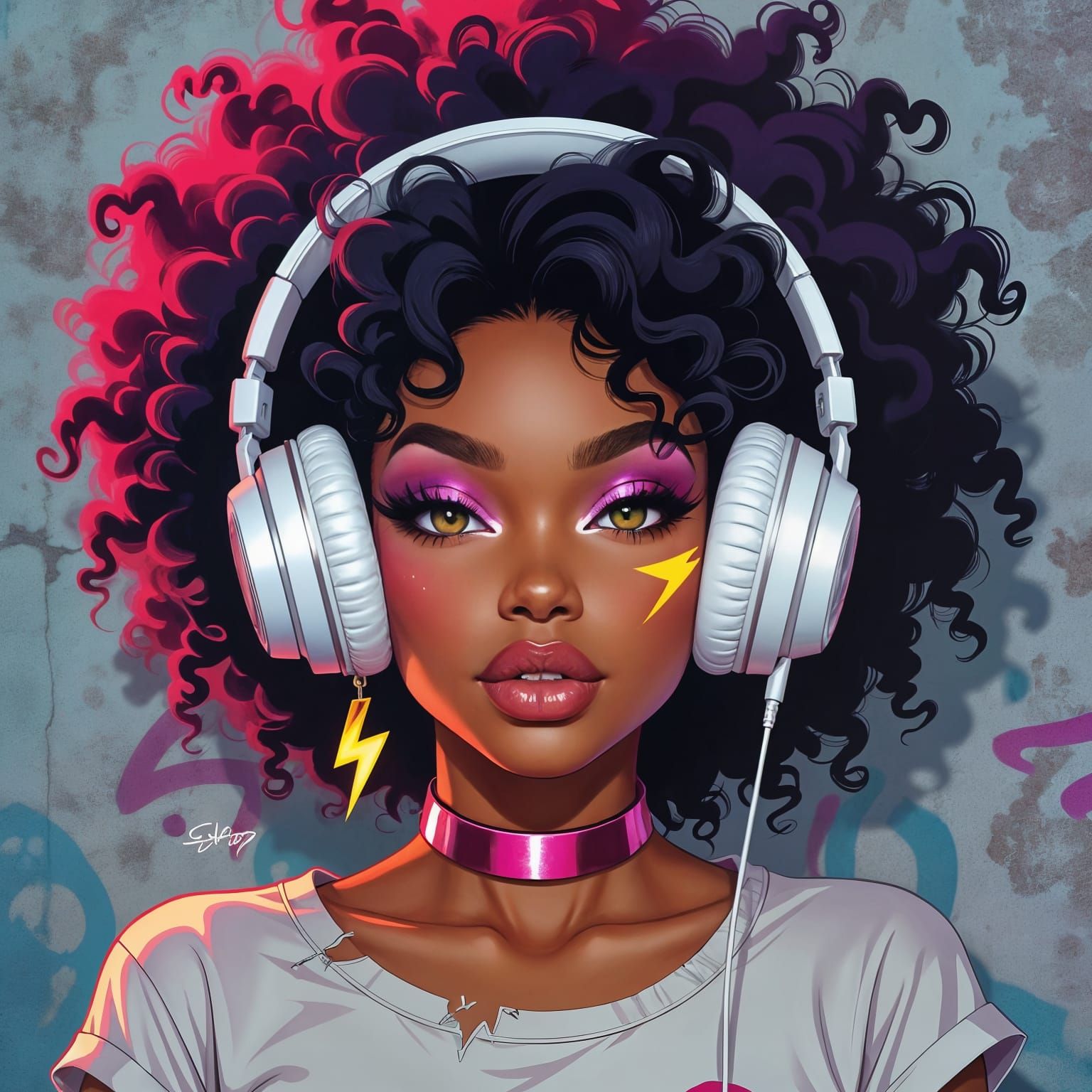 Black Girl with Afro and Headphones, Retro Comic Art