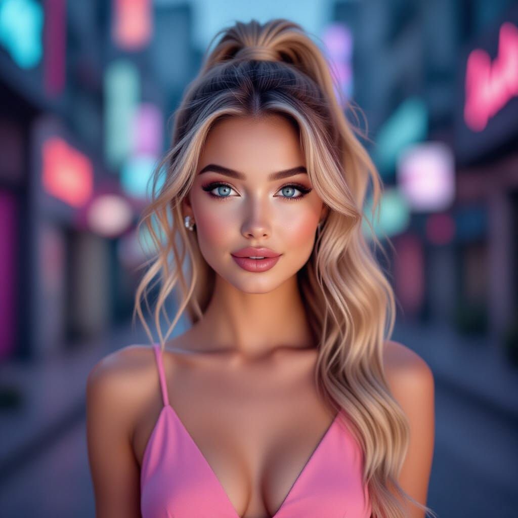 Charismatic Blonde in Pink Dress: Cyberpunk Portrait